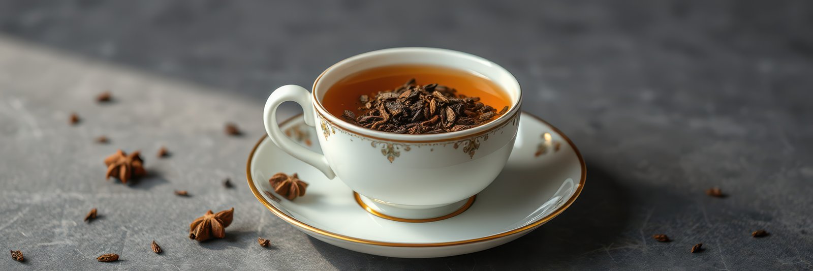 Warm cup of spiced tea with aromatic herbs on a textured table